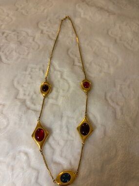 Napier signed Gold Tone chain link Necklace with multi color Cabochons 11” long